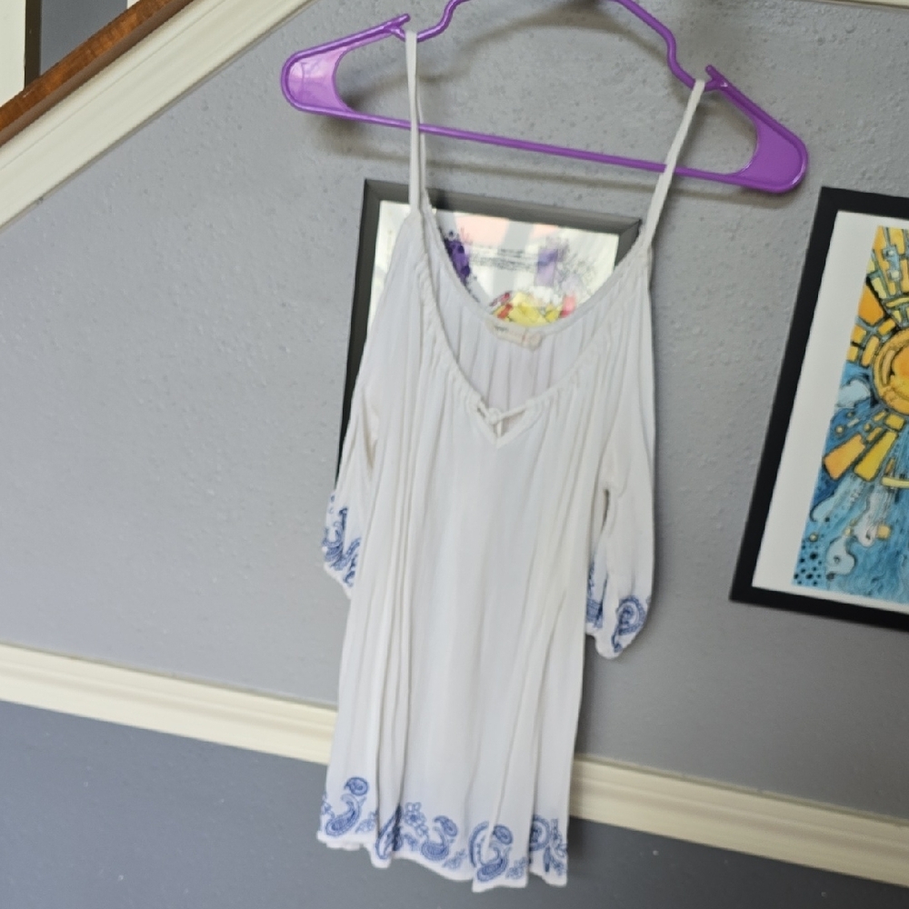 White and Blue Embroidered Women's Top